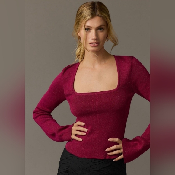 Maeve by Anthropologie Metallic Knit Top, Square Neck Bell Sleeve, S, NWT - Picture 1 of 12